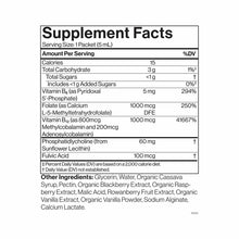 Supplement Facts label showing nutritional information for liposomal B12 and B6 vitamin packet with ingredients.