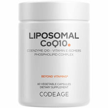 White supplement bottle labeled Liposomal CoQ10 by Codeage containing 60 vegetable capsules.