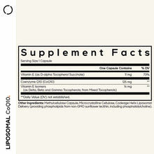Supplement Facts label showing Liposomal CoQ10 capsule with 125 mg Coenzyme Q10, Vitamin E, and other ingredients listed.