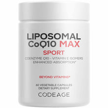 White bottle of Liposomal CoQ10 Max Sport dietary supplement containing 60 vegetable capsules by Codeage.