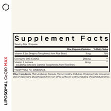 Supplement Facts label for Liposomal CoQ10 Max showing serving size, ingredients including Coenzyme Q10, Vitamin E, and deliv