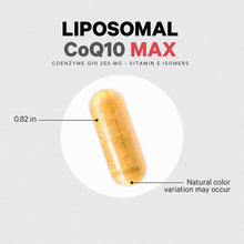 Golden yellow oval capsule containing CoQ10 250 mg with vitamin E isomers, 0.82 inches in length.