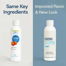 Two white bottles of Core Med Science Liposomal Curcumin liquid supplement showing old and new packaging designs side by side