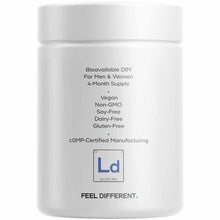 White supplement bottle labeled "Bioavailable DIM For Men & Women 4-Month Supply" with vegan, non-GMO, and gluten-free certif