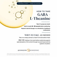 Bottle label for GABA with L-Theanine liposomal supplement showing usage instructions and golden liquid droplets against crea