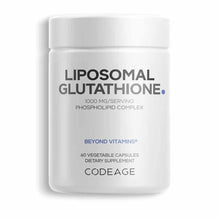 White plastic supplement bottle labeled "Liposomal Glutathione 1000 mg/Serving" by Codeage, containing 60 vegetable capsules.