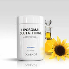 White cylindrical supplement bottle labeled "Liposomal Glutathione 1000 mg/Serving" by Codeage with 60 capsules, displayed wi