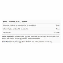 Supplement facts label showing glutathione 500 mg per teaspoon with riboflavin and vitamin B6, ingredients list, and allergen