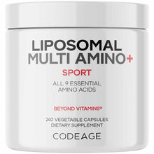 White cylindrical supplement bottle with gray and red text listing "Liposomal Multi Amino+ Sport" containing 240 vegetable ca