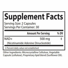 Supplement Facts label for Liposomal NAD+ showing 500mg NAD+ per 2-capsule serving, 30 servings per container.