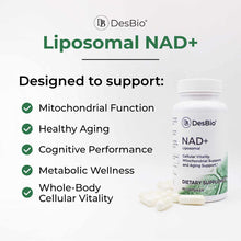DesBio Liposomal NAD+ supplement bottle with white capsules and product benefits listed.