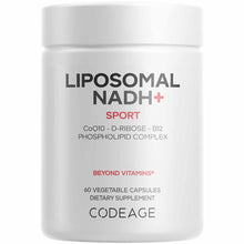 White supplement bottle labeled Liposomal NADH+ Sport containing 60 vegetable capsules by Codeage.