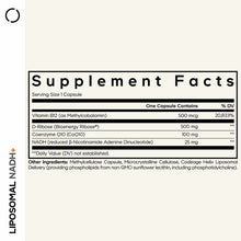 Supplement Facts label for Liposomal NADH+ showing ingredients including Vitamin B12, D-Ribose, Coenzyme Q10, and NADH per ca