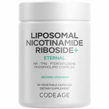 White cylindrical supplement bottle labeled Liposomal Nicotinamide Riboside+ by Codeage containing 60 vegetable capsules.