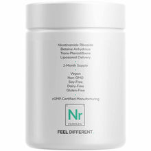 White supplement bottle labeled with Nicotinamide Riboside, Betaine Anhydrous, and Trans-Pterostilbene with liposomal deliver