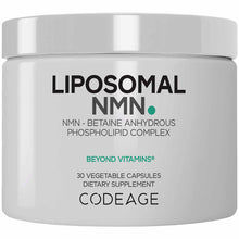 White cylindrical supplement container with silver lid labeled "Liposomal NMN" by Codeage, 30 vegetable capsules.