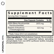 Supplement Facts label for Liposomal NMN capsules showing 207.5 mg NMN and 42.5 mg Betaine per capsule with ingredient list.