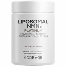 White supplement bottle labeled Liposomal NMN Platinum by Codeage containing 90 vegetable capsules.