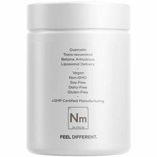 White supplement bottle with white lid displaying ingredient list and chemical symbol for NM element.