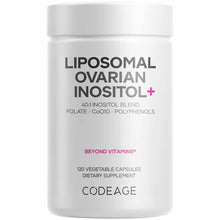 White cylindrical supplement bottle labeled "Liposomal Ovarian Inositol+" containing 120 vegetable capsules by Codeage.