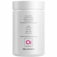 White supplement jar with black and pink text listing ingredients including myo-inositol, D-chiro-inositol, coenzyme Q10, and