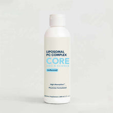 Clear liquid supplement bottle labeled "Liposomal PC Complex" by Core Med Science, 240 ml, unflavored.