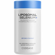 White cylindrical bottle with blue cap labeled "Liposomal Selenium+" containing 180 vegetable capsules by Codeage.