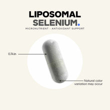 Gray liposomal selenium capsule, 0.74 inches, with size reference and product text on beige background.