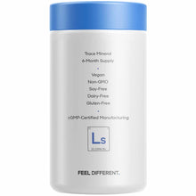 White cylindrical bottle with blue cap labeled "Trace Mineral 6-Month Supply" and "Liposomal Selenium" branding.