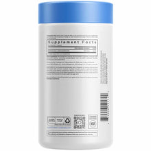 White cylindrical supplement bottle with blue cap, labeled "Supplement Facts" showing selenium content and usage instructions
