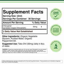 Supplement Facts label for liquid chlorophyll showing 50mg per 2ml serving with ingredient list and certification badges.