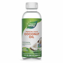 Clear plastic bottle of Nature's Way Premium Liquid Coconut Oil with green and white label, 10 fl oz size.