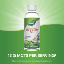 Bottle of Nature's Way Premium Liquid Coconut Oil, 10 fl oz, with clear liquid and green label on green background.