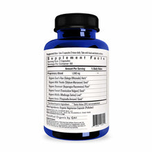 Blue supplement bottle with black cap and white label listing organic ingredients and supplement facts.