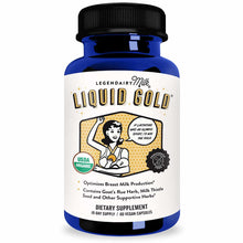 Blue and white bottle of Legendairy Milk Liquid Gold dietary supplement with black cap, containing 60 vegan capsules.