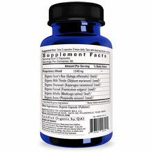 Blue bottle with black cap containing herbal supplement capsules with ingredient label and usage instructions.