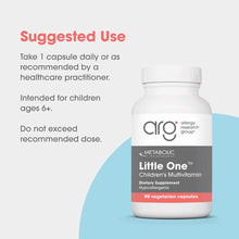 A white supplement bottle labeled Little One Children's Multivitamin sits beside suggested use text for children ages six and older.