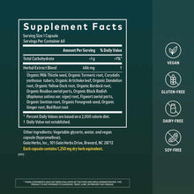 Gaia Herbs Liver Cleanse supplement facts label showing 60 capsules with herbal extract blend and ingredient list.