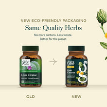 Two brown glass bottles of Gaia Herbs Liver Cleanse with green caps, showing old and new packaging designs with artichoke and
