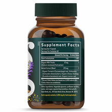 Amber glass bottle with green cap containing dark capsules and Gaia Herbs Liver Health supplement label with ingredient infor