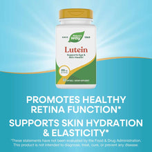 Nature's Way Lutein supplement bottle with gold cap containing 60 softgels at 20 mg per serving.