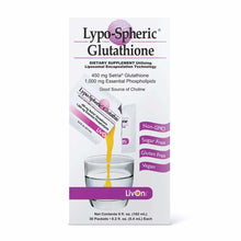 Box of Lypo-Spheric Glutathione dietary supplement by LivOn, 30 packets, with liquid being poured into a glass.