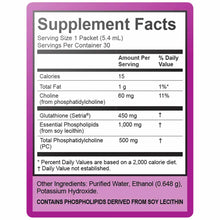 Supplement Facts label for Lypo-Spheric Glutathione showing 30 servings with 450 mg glutathione per 5.4 mL packet.