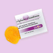 Lypo-Spheric Glutathione packet with yellow liquid capsule on pink background.
