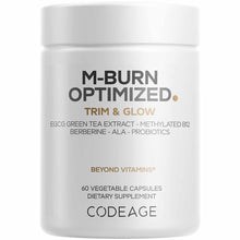 White cylindrical supplement bottle labeled M-Burn Optimized Trim & Glow with 60 vegetable capsules by Codeage.