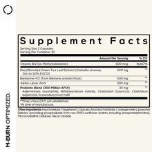 Supplement Facts label for M-Burn Optimized showing ingredients including Vitamin B12, green tea extract, berberine, alpha-li