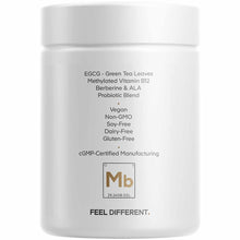 White cylindrical container of M-Burn Optimized supplement with ingredient and certification information printed on label.