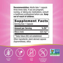 Maca Root supplement label showing 525 mg per capsule with dosage instructions and certifications for gluten-free, vegan, dai