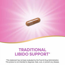 Brown maca root supplement capsule on pink background with gold wave design.