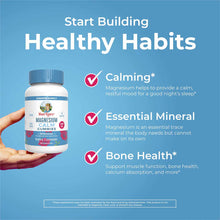 Hand holding a white bottle with blue cap labeled "Magnesium Calm Gummies" by MaryRuth's Organics on blue background.